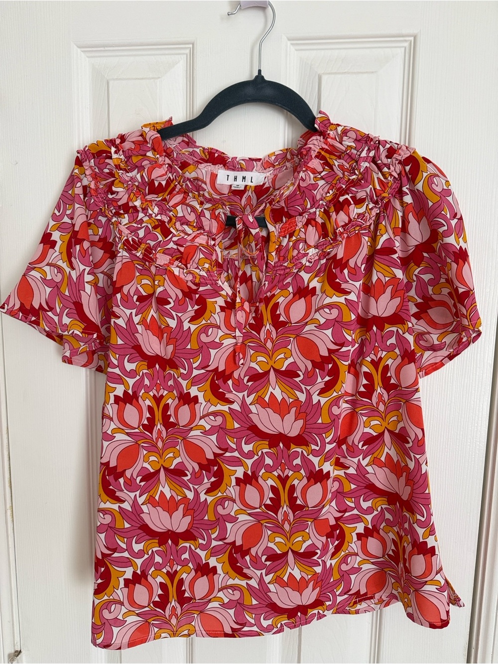 THML Pink and Red Floral Short Sleeve Ruffle-Neck Blouse